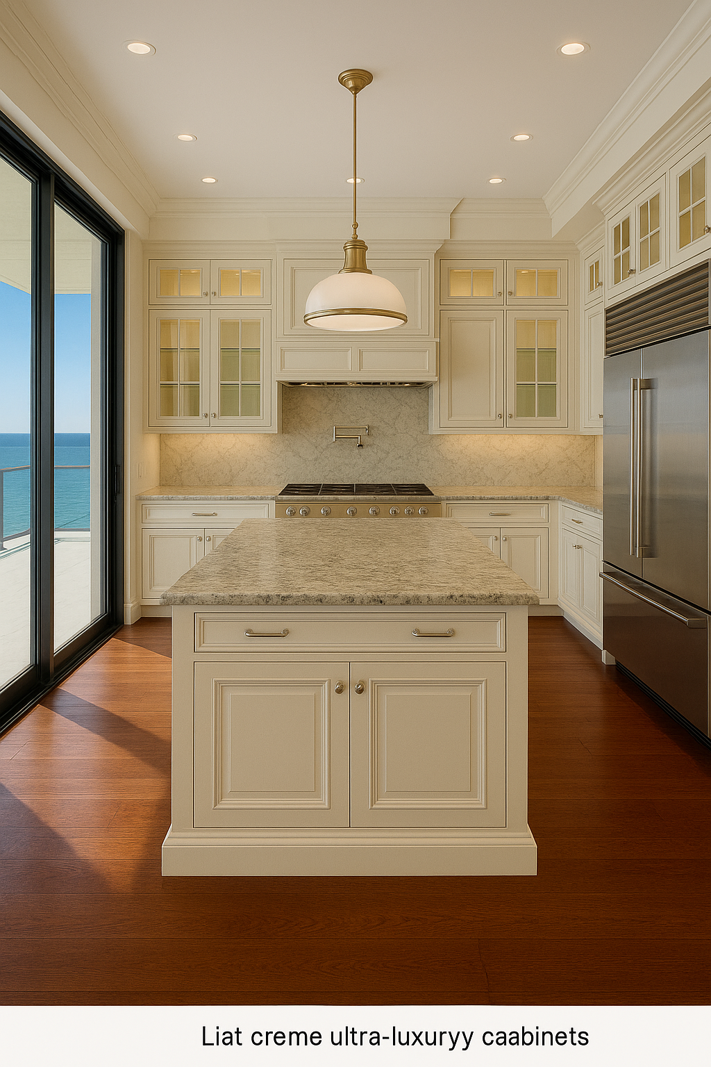 A modern kitchen with cream-colored ultra-luxury cabinets, a kitchen island with a marble countertop, stainless steel appliances, and a sliding glass door leading to a balcony overlooking the ocean.