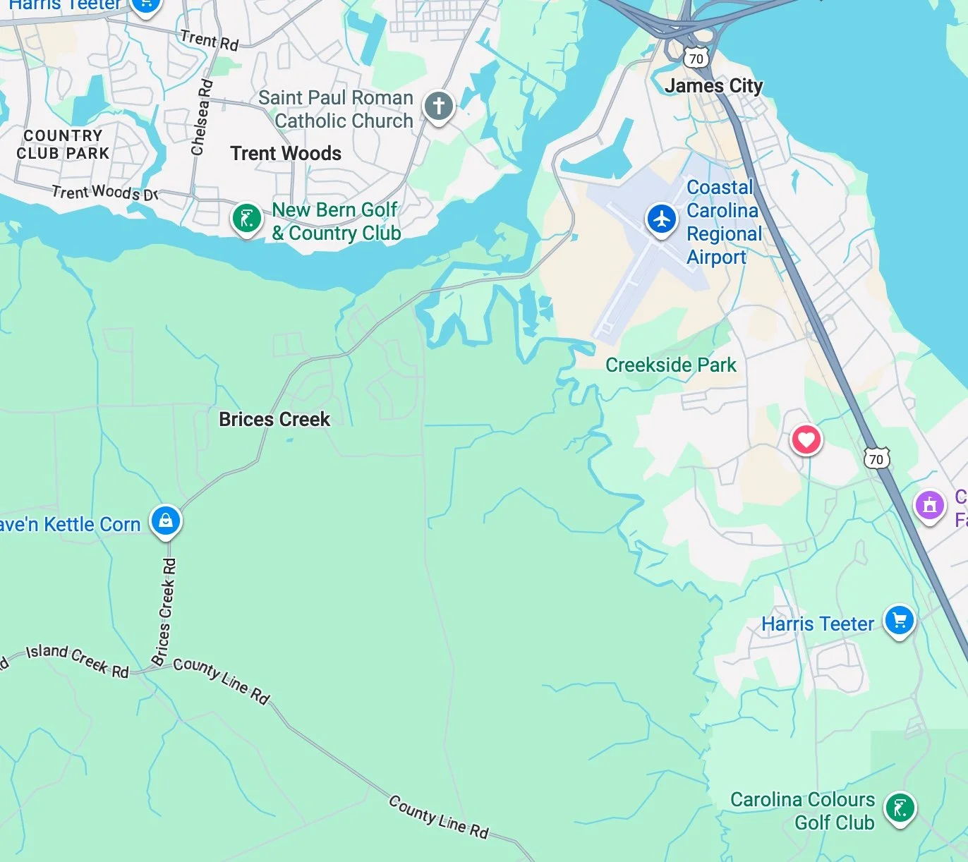 Map showing the area around James City, North Carolina, with landmarks including Coastal Carolina Regional Airport, Harris Teeter grocery store, New Bern Golf & Country Club, and various parks and roads.