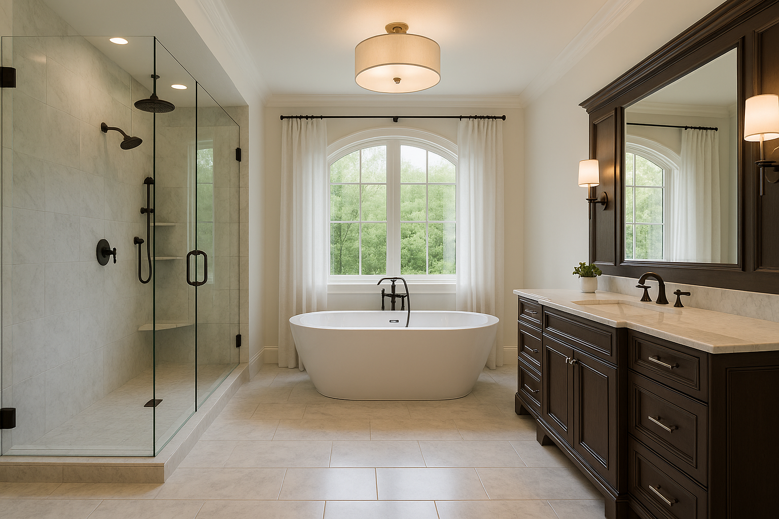 Bathroom with a glass-enclosed shower, a freestanding bathtub in front of a window, and a dark wood vanity with a large mirror.