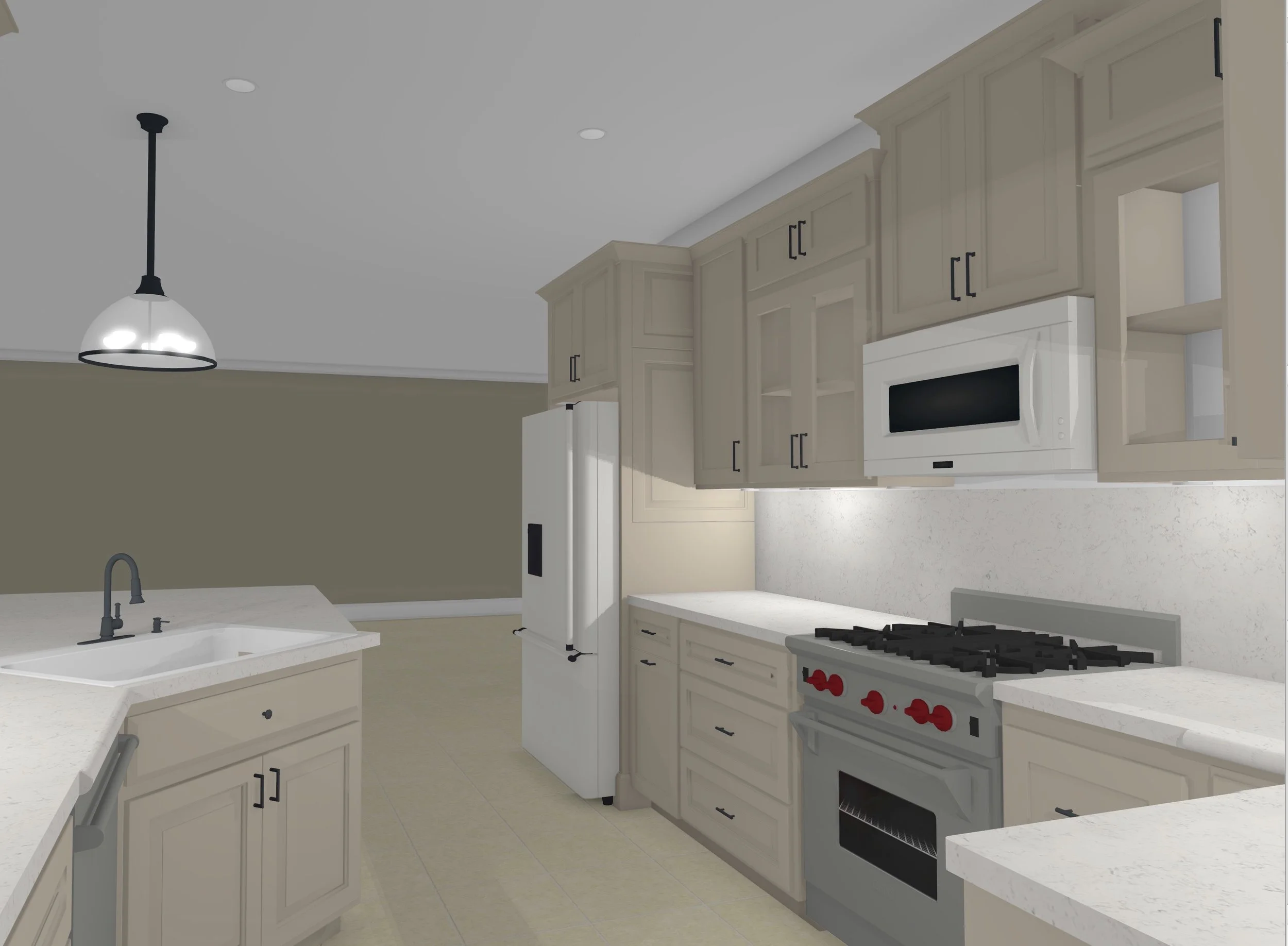 Kitchen with white cabinets, a stove with red knobs, a microwave, a white refrigerator, and a sink with a black faucet, in a modern style.
