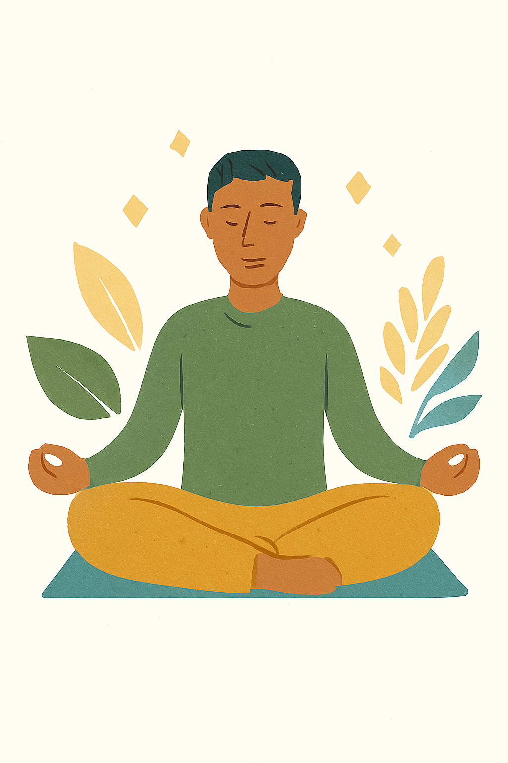 Illustration of a person meditating in a lotus position, with closed eyes, surrounded by leaves and small decorative elements.