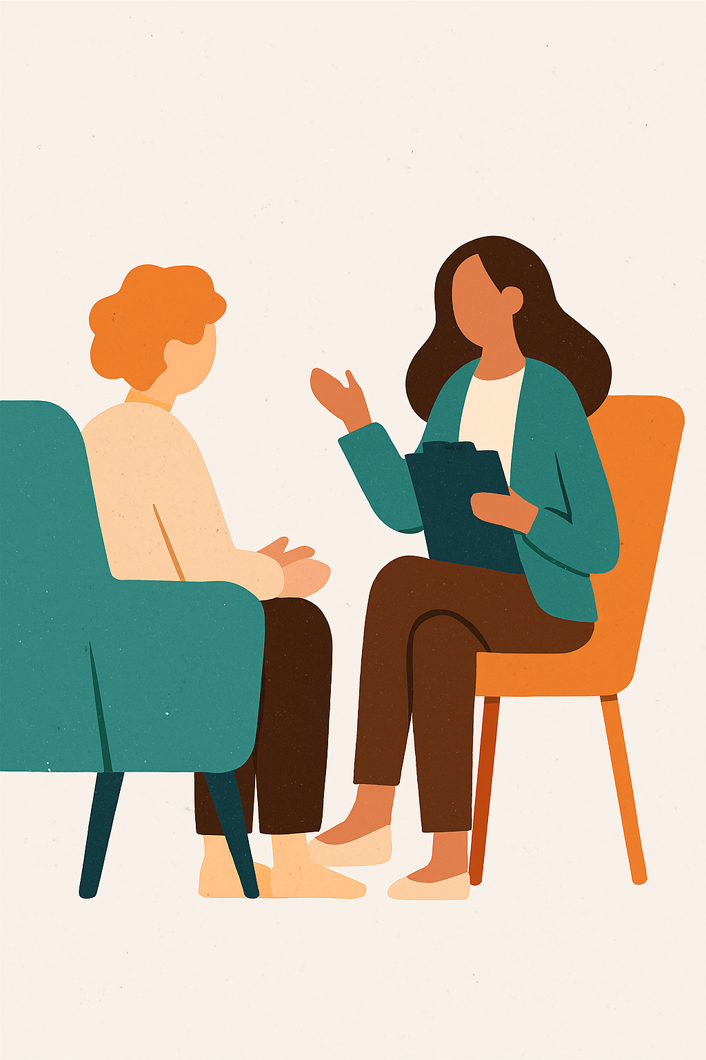 Illustration of a woman in a teal jacket holding a clipboard talking to a person with red hair sitting in a teal armchair.