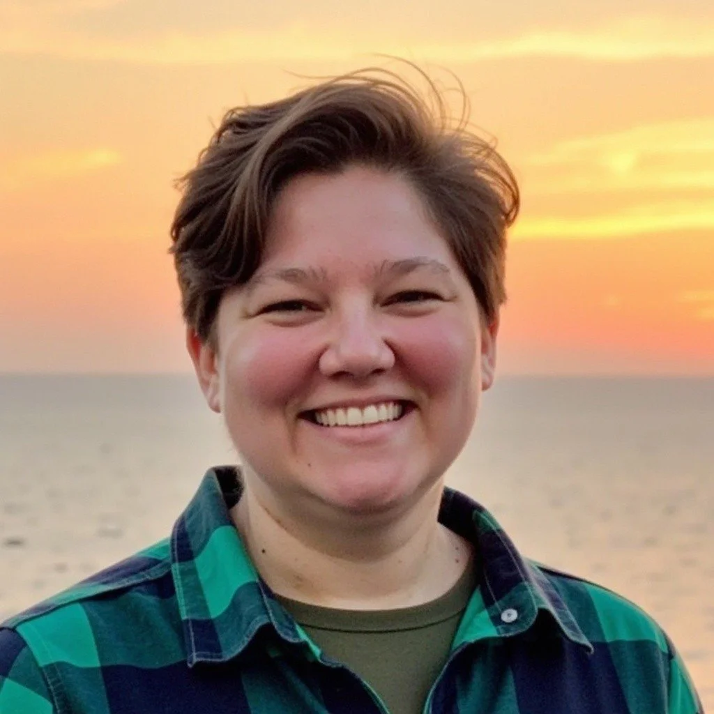A smiling person with short brown hair wearing a green plaid shirt, standing on a beach at sunset.