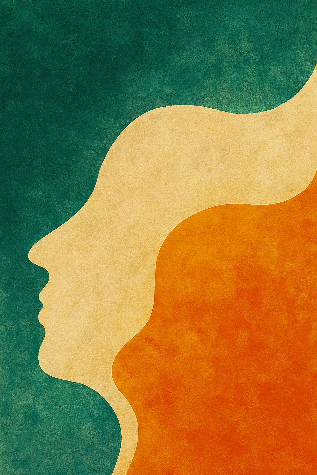 Abstract artwork of two overlapping profiles, one in cream and the other in orange, set against a green background with a wavy transition.