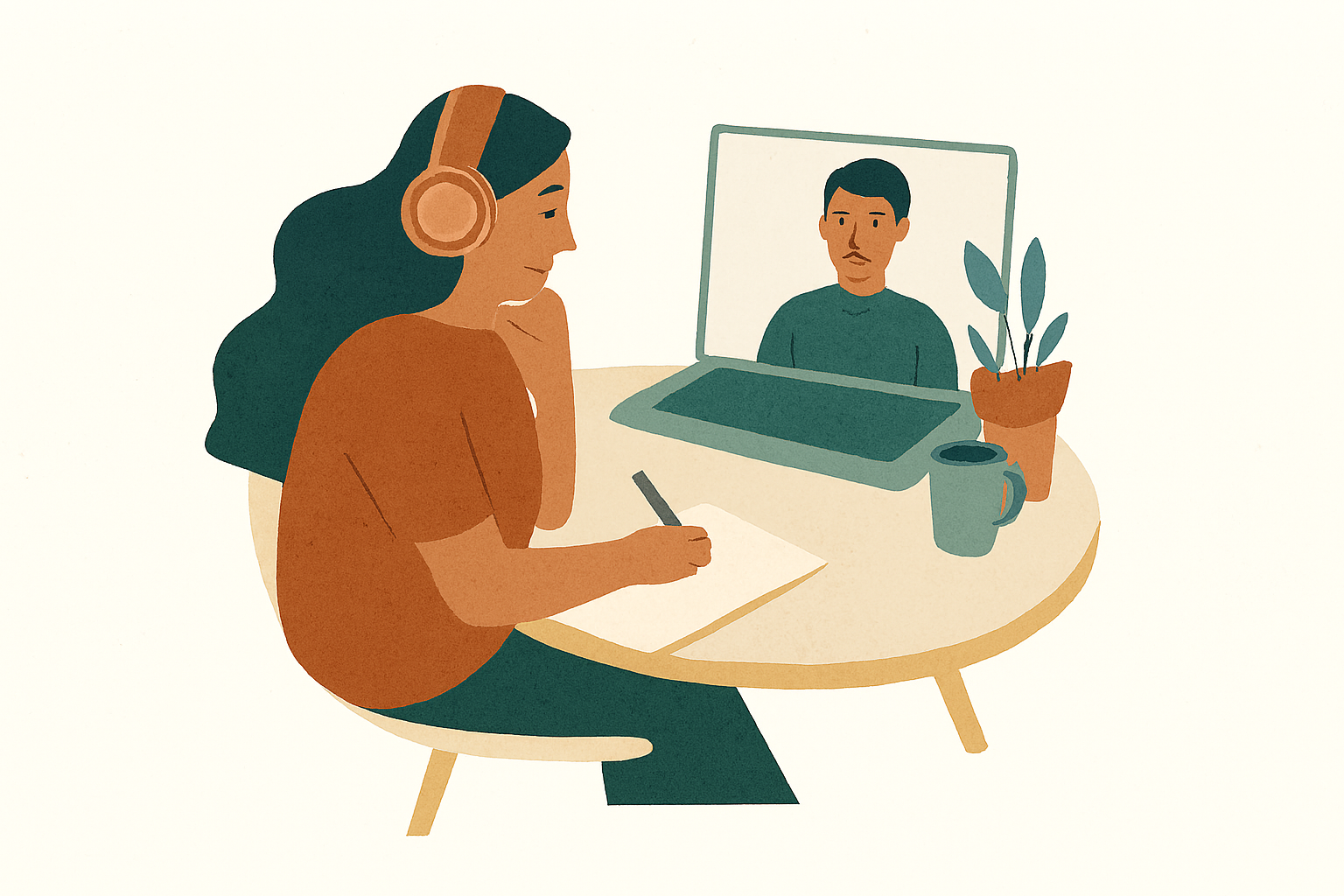 A woman with headphones taking notes at a round table during a video call with a man on a laptop, with a potted plant and a coffee mug on the table.