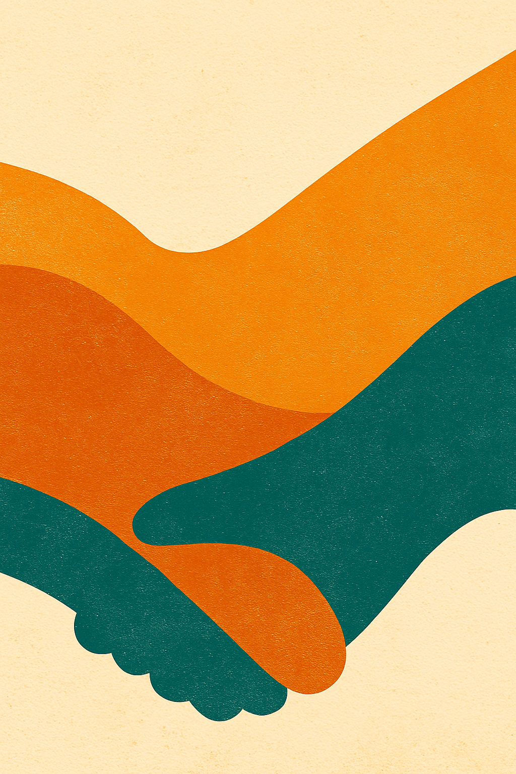 Illustration of two hands shaking, with abstract colorful shapes in orange, teal, and cream background.