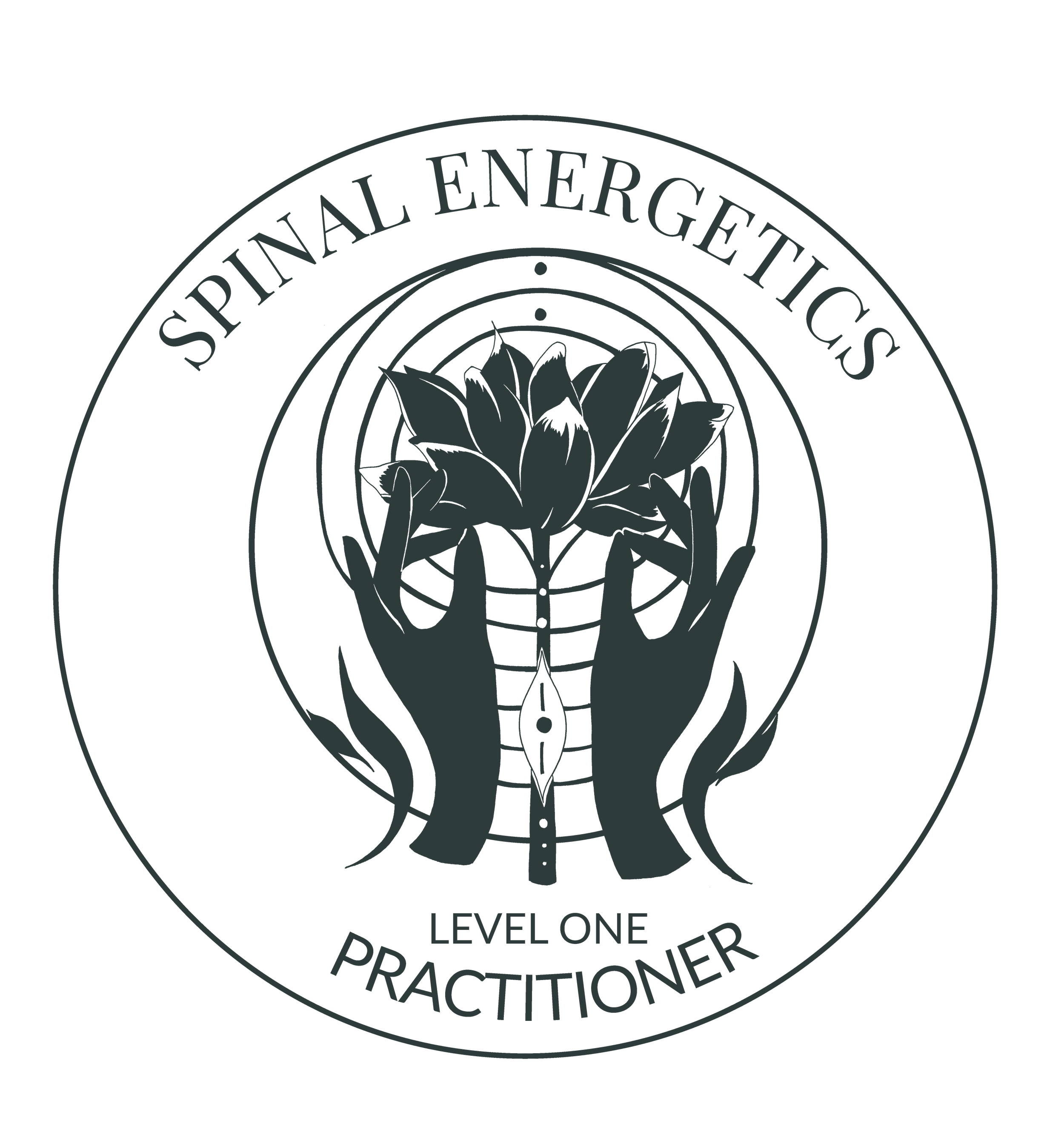 A certification logo with the text 'Spinal Energetics', 'Level One Practitioner'. Features two hands with lotus flowers in the center, surrounded by concentric circles and a web pattern, on a black background.