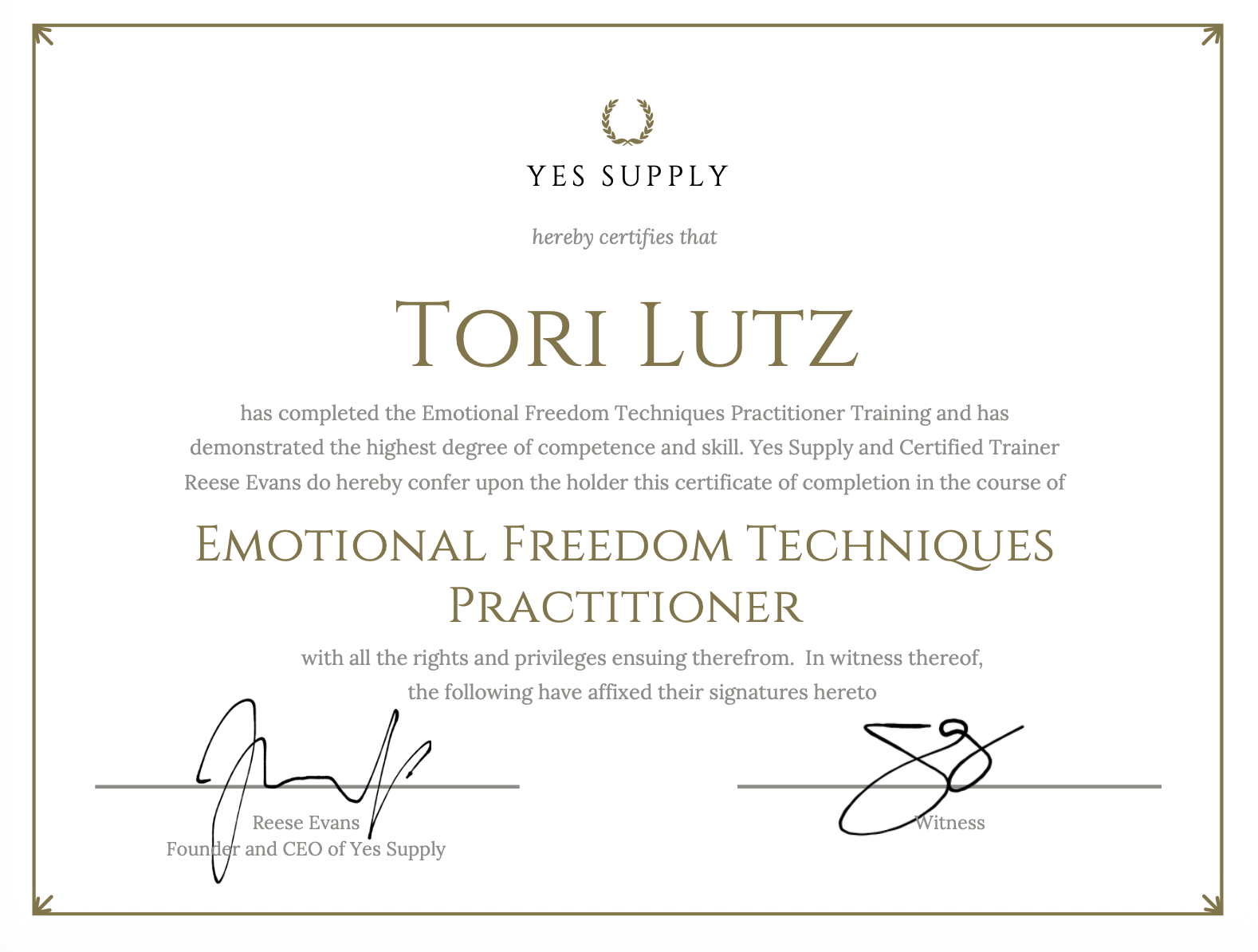 Certificate of completion awarded to Toril Lutz for Emotional Freedom Techniques Practitioner training, signed by Reese Evans and a witness, with gold borders and a laurel wreath logo at the top.