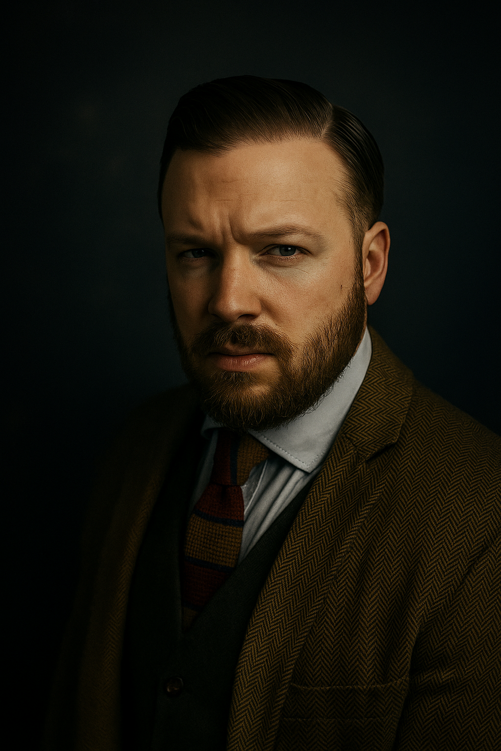 Portrait of a man with a serious expression, wearing a brown herringbone blazer, a light blue dress shirt, and a patterned tie, against a dark background.