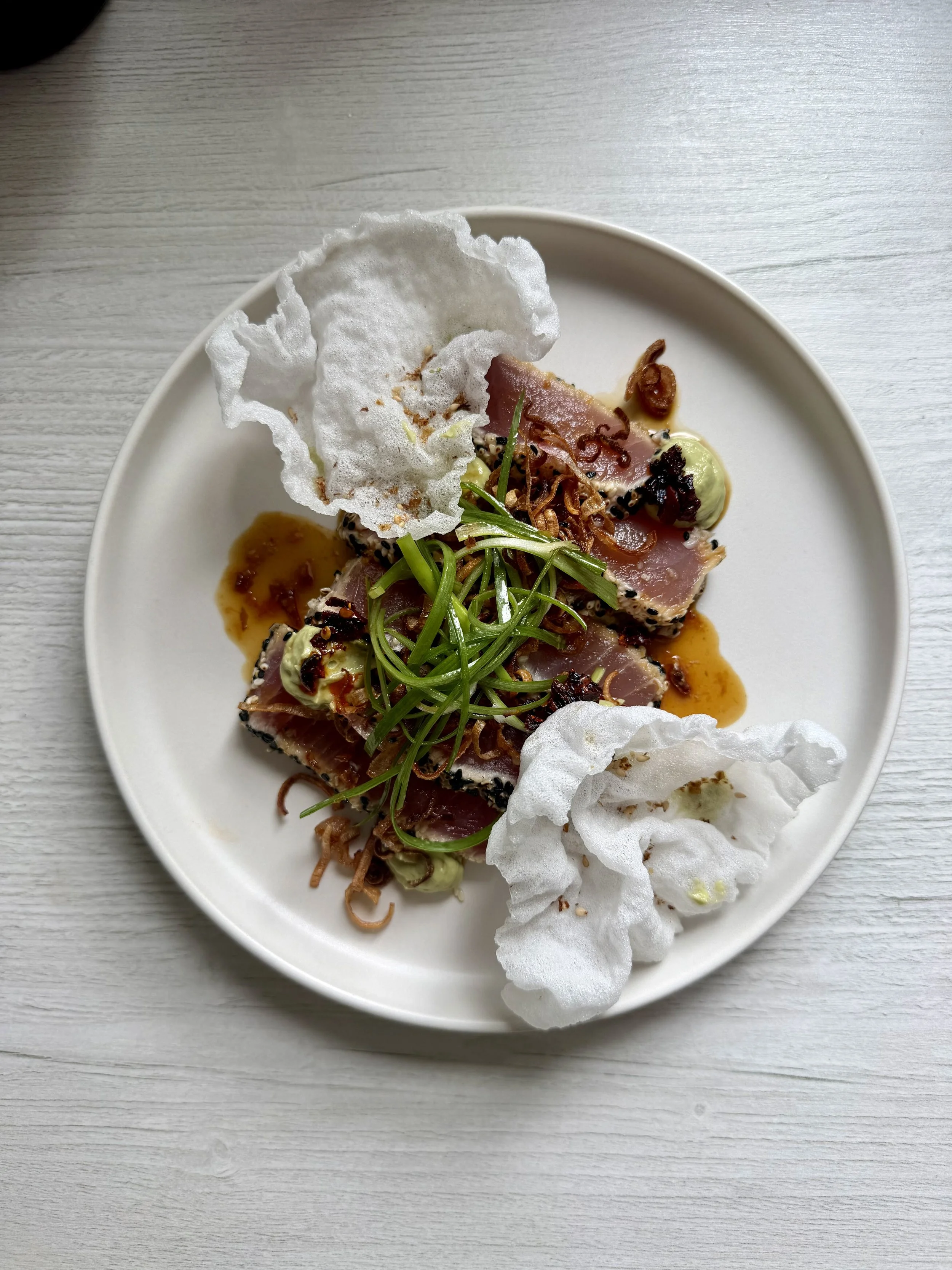Sesame Tuna Tataki with Ponzu, Avocado, Crispy shallots, rice crackers