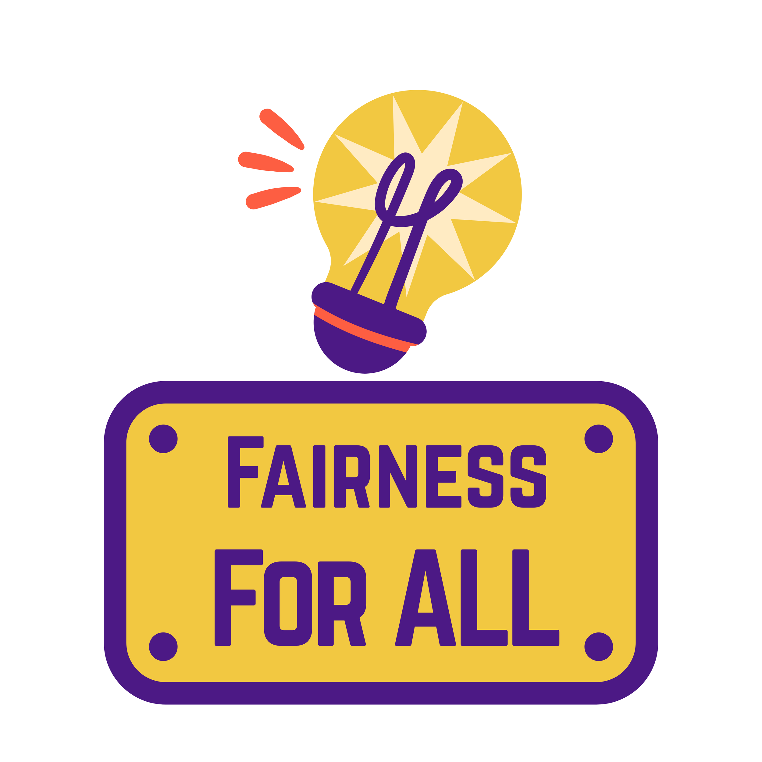Sam Sukaton. A sign with a yellow background and purple border reading 'Fairness for All' underneath a light bulb illustration.