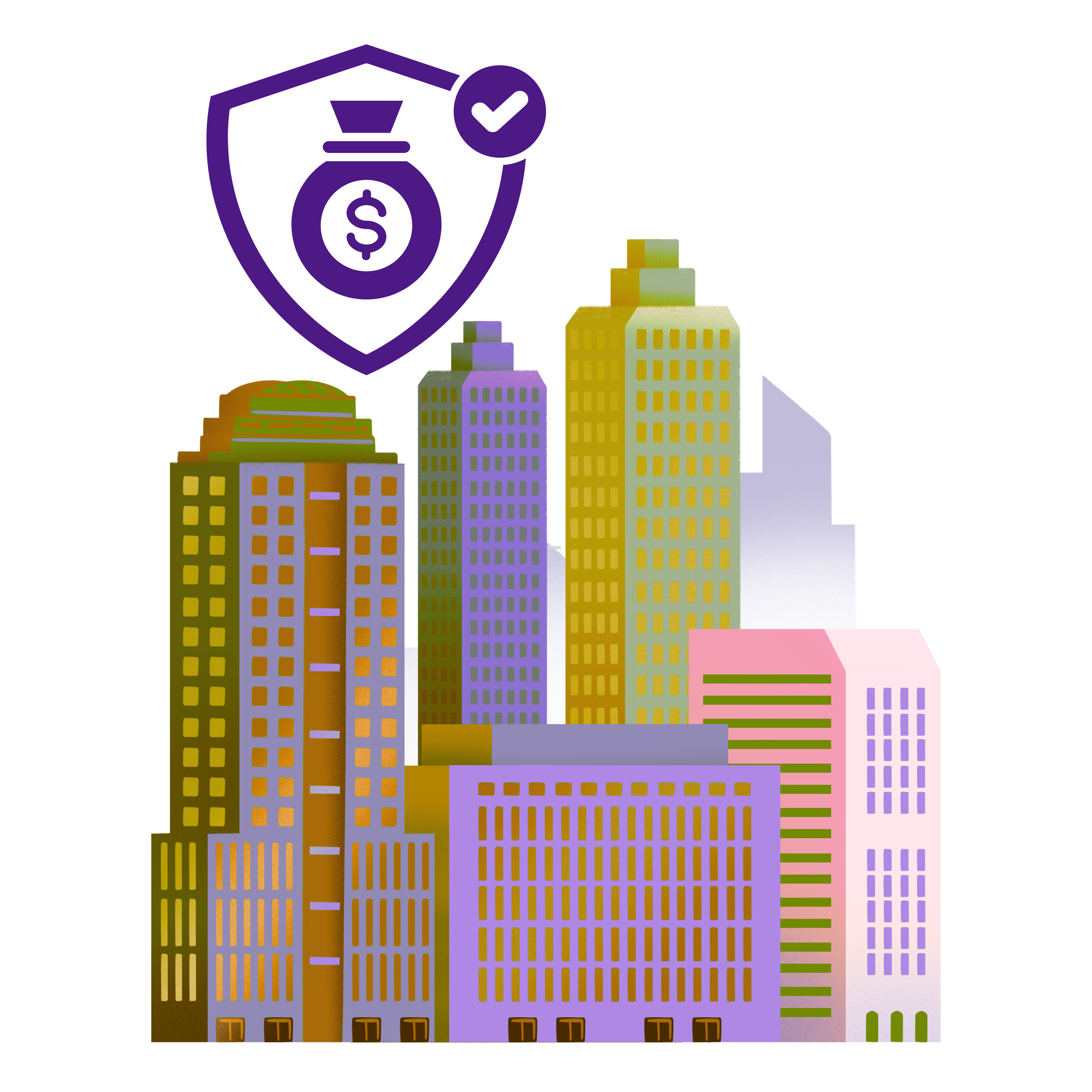 Illustration of a city skyline with tall buildings in shades of yellow, purple, pink, and brown, featuring a shield icon with a dollar sign and a checkmark at the top. Sam Sukaton.
