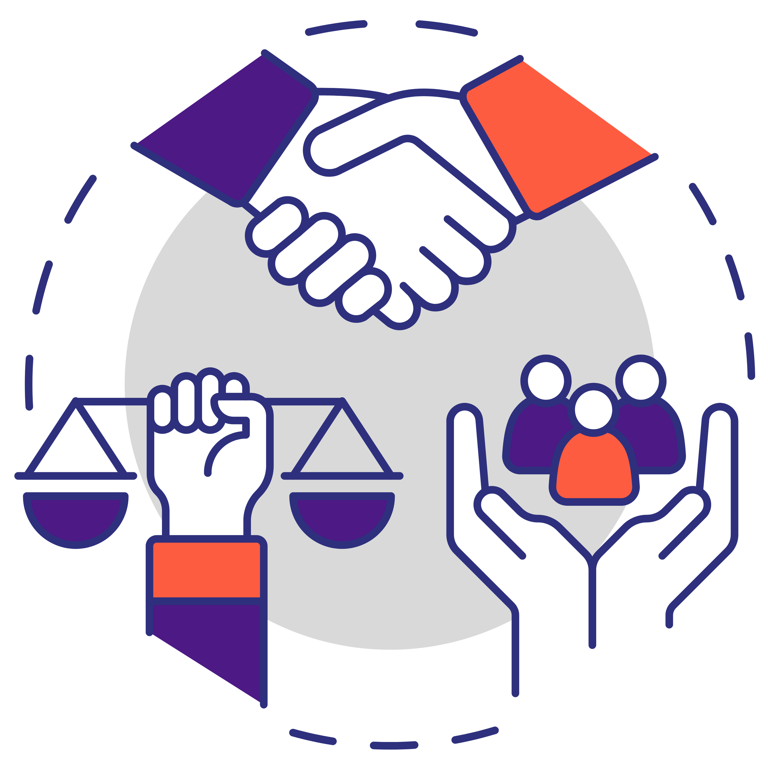 Illustration of handshake, scales, and a group of people in hands, representing agreement, justice, and community. Sam Sukaton