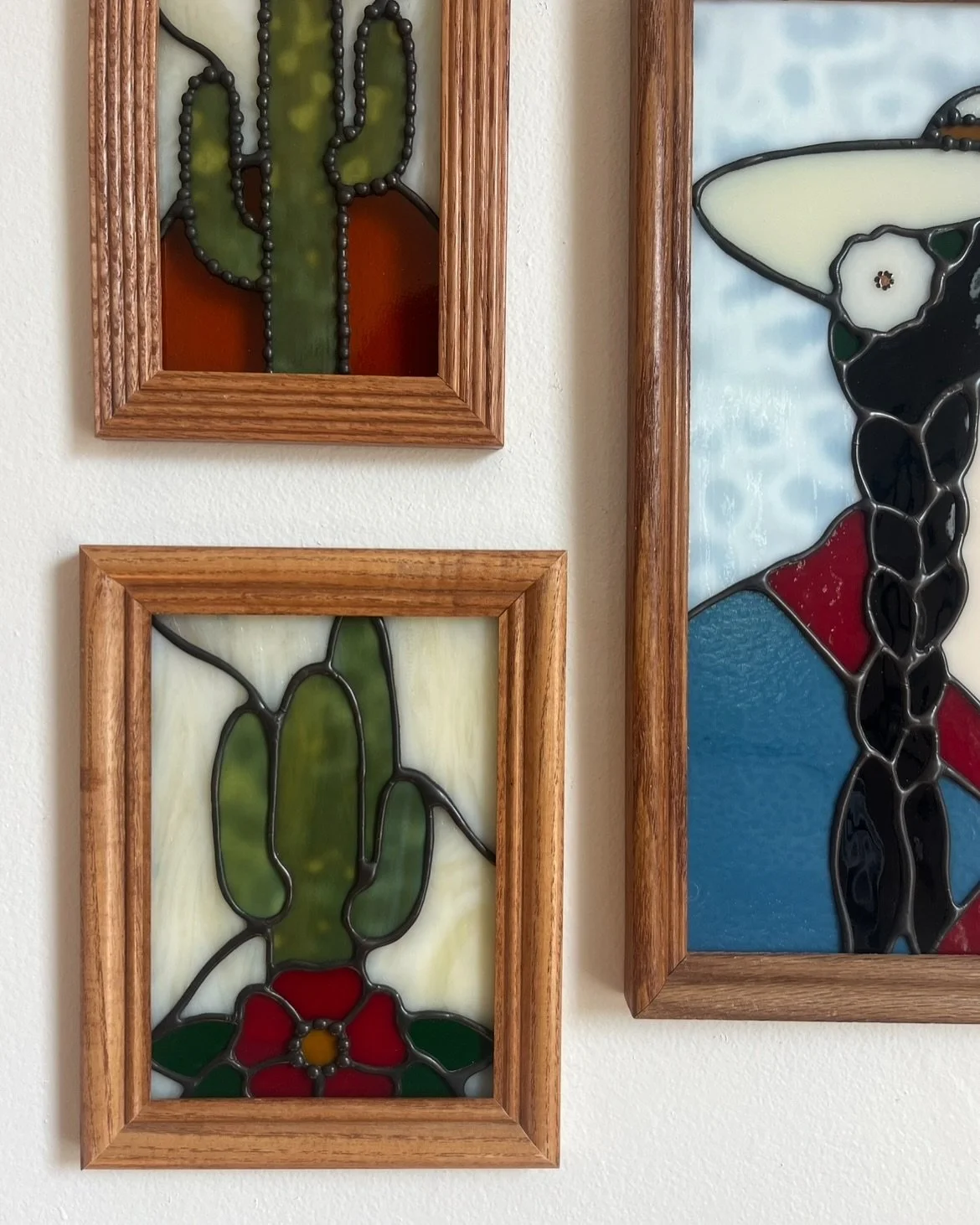 so pleased with how these oak framed cacti turned out! swipe to see all the different ways they catch the light ☼ 

both are available now &amp; up on my site!