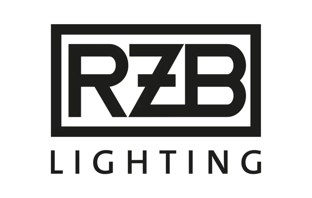 Black and white logo for RZB Lighting with the company name in bold letters within a rectangular border.