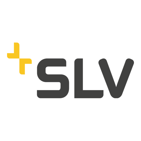 Logo with yellow plus sign and black letters 'SLV' on a white background.