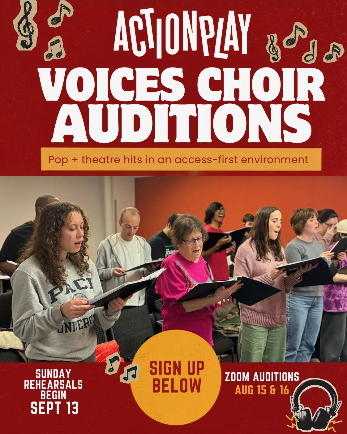 A poster for Actionplay Voices Choir auditions set against a textured dark red background with tan musical notes floating near the top.