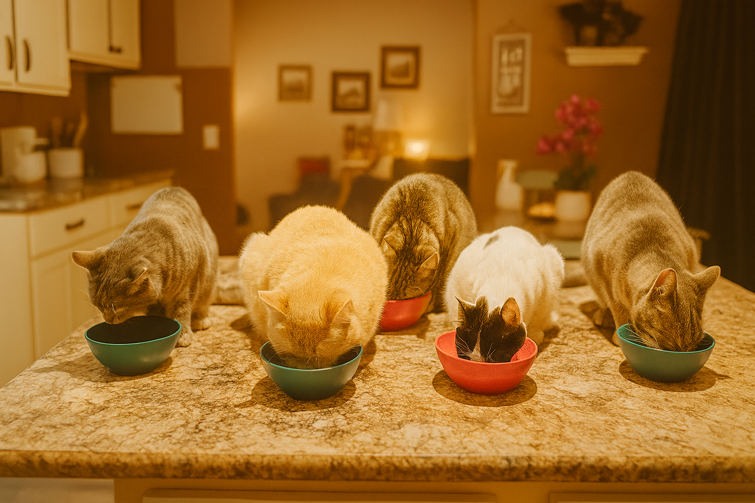 Five cats eating from bowls on a kitchen island countertop, with a cozy home background.