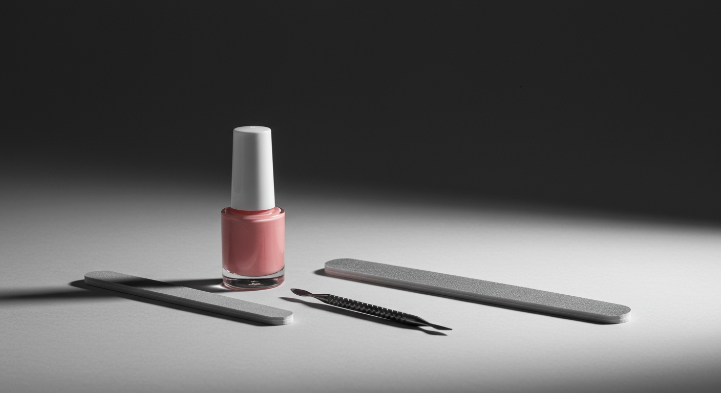 Nail polish bottle, nail file, and tweezers on a flat surface with shadow and contrast lighting.