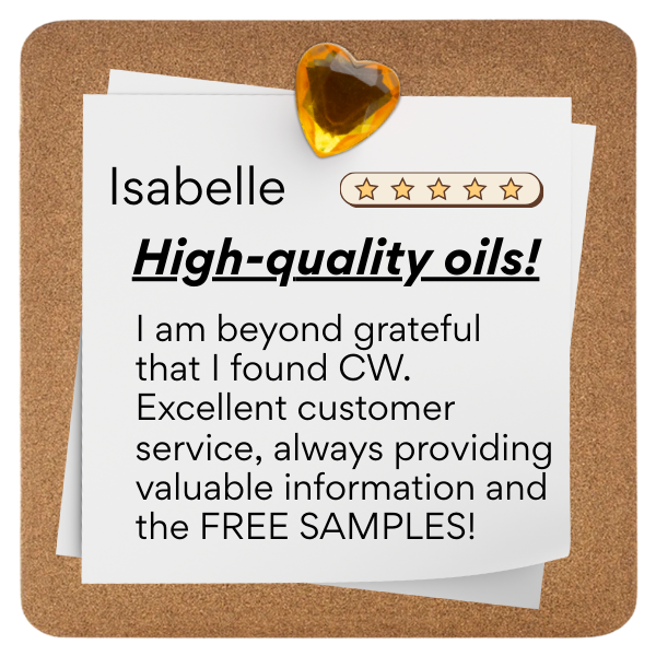 Customer testimonial on a corkboard about high-quality essential oils, signed by Isabelle, with a gold heart-shaped clip at the top.