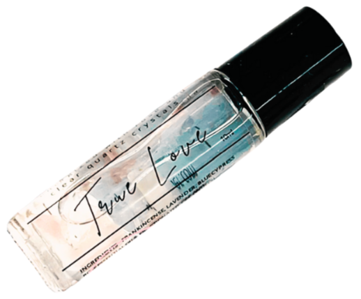 A small clear glass bottle with a black cap, labeled 'True Love' in cursive script.