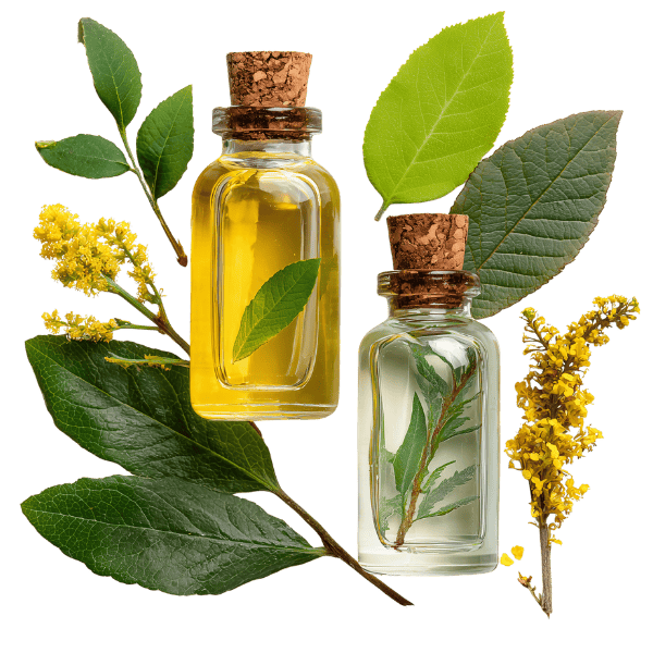 Two glass bottles with cork stoppers containing herbal oils or tinctures, surrounded by green leaves and yellow flowering plant sprigs.