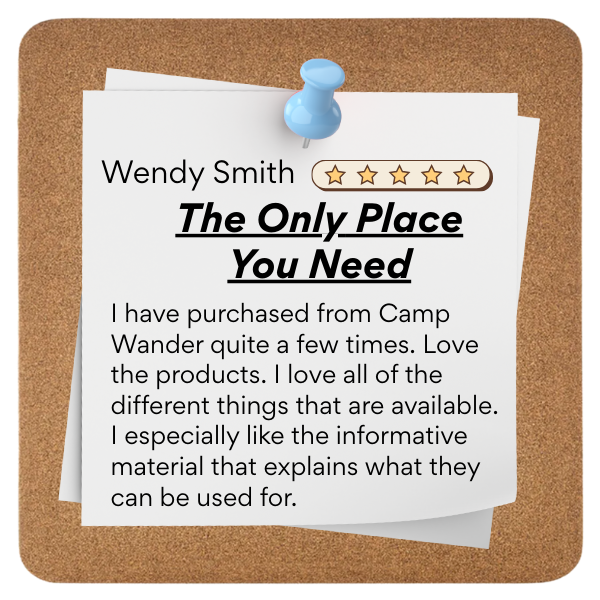 Note pinned on a corkboard with a survey rating of five stars, expressing satisfaction with products from Camp Wander.