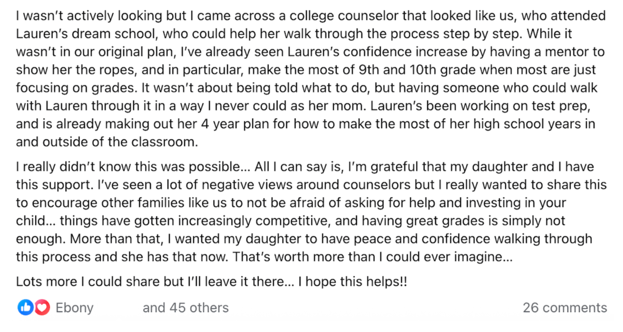Screenshot of a Facebook post sharing a story about a parent’s gratitude for a school counselor, highlighting the counselor’s support for their daughter’s test preparation and confidence building.