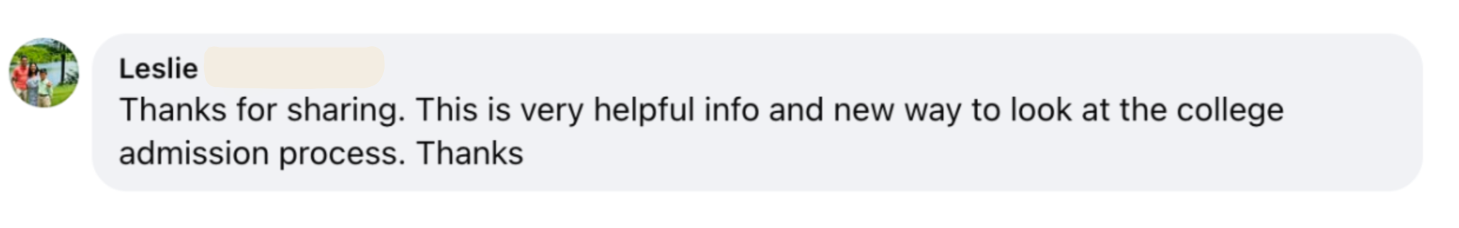 Screenshot of a text message from Leslie thanking for shared information about college admission process.