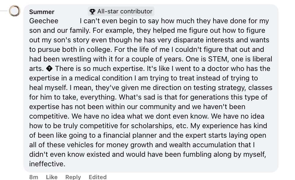 A social media comment from a user named Summer, who discusses their son's interests, education, and experiences with expertise and learning.