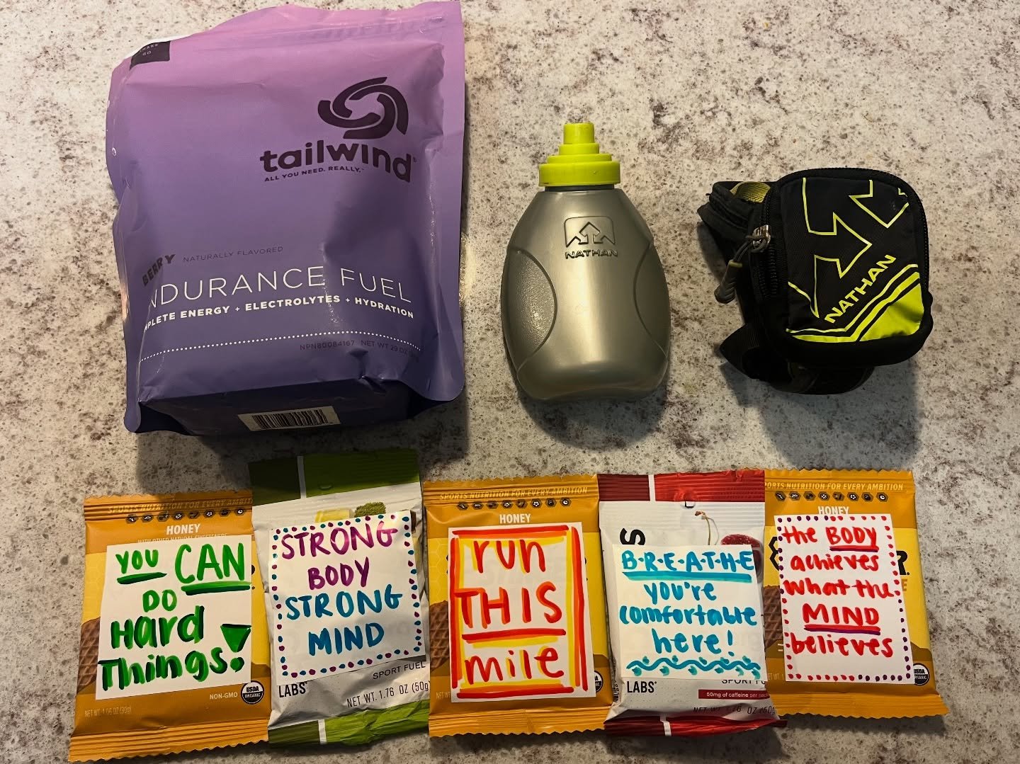 A race-day ritual I&rsquo;ll never skip: adding my favorite mantras to my fuel. It&rsquo;s like packing tiny pep talks for later! 
Bonus tip: Ask your friends and family for their fav motivating quotes or good luck wishes to put on a few. Seeing thei