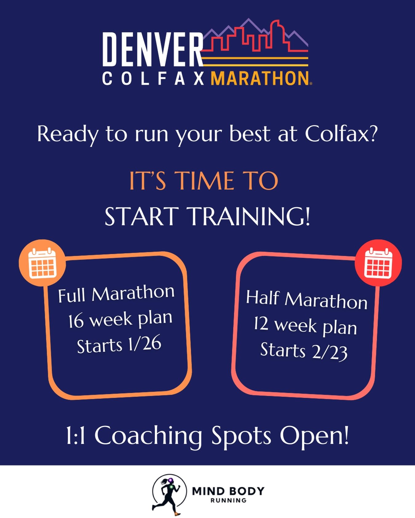 Hey Denver runners! Colfax training season is here!

Whether you&rsquo;re chasing a personal best or just want to feel prepared on race day, having a plan and experienced coaching support makes all the difference.

1:1 coaching spots are open for run