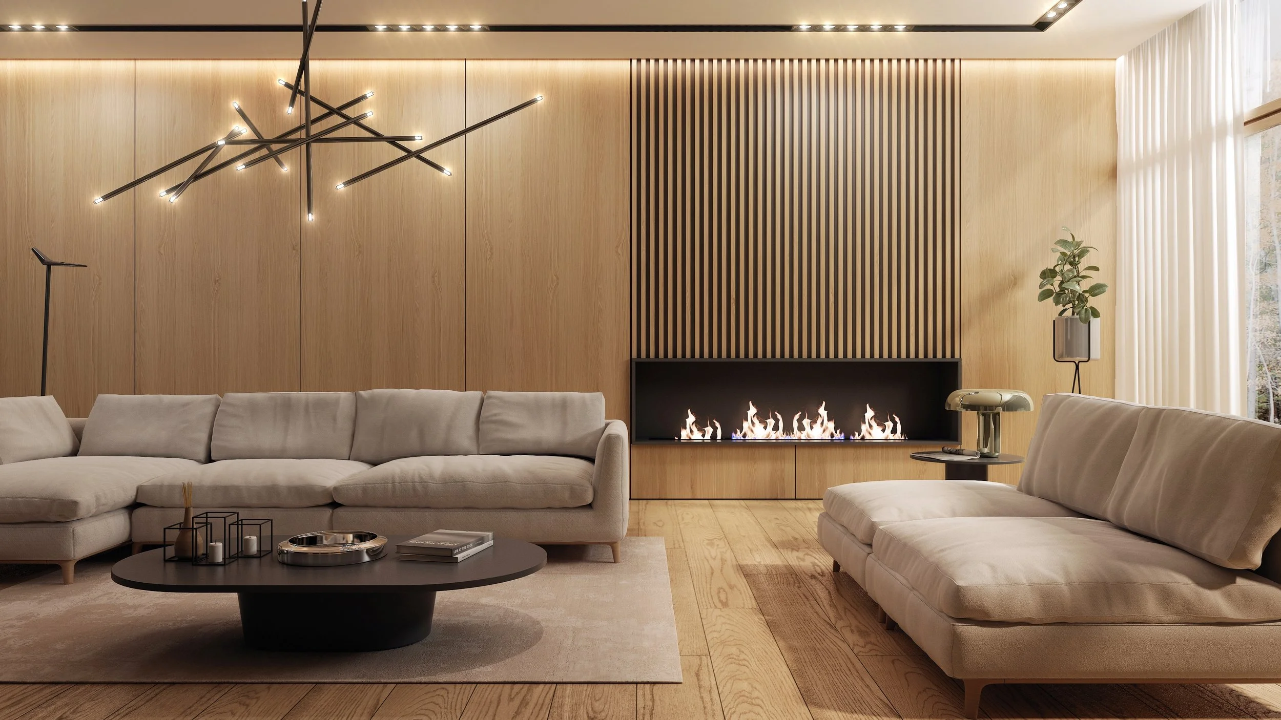 Modern living room with beige sofas, a black coffee table, a fireplace with flames, a wooden wall with vertical slats, decorative lighting, a side table with a vintage telephone lamp, and large windows with curtains.