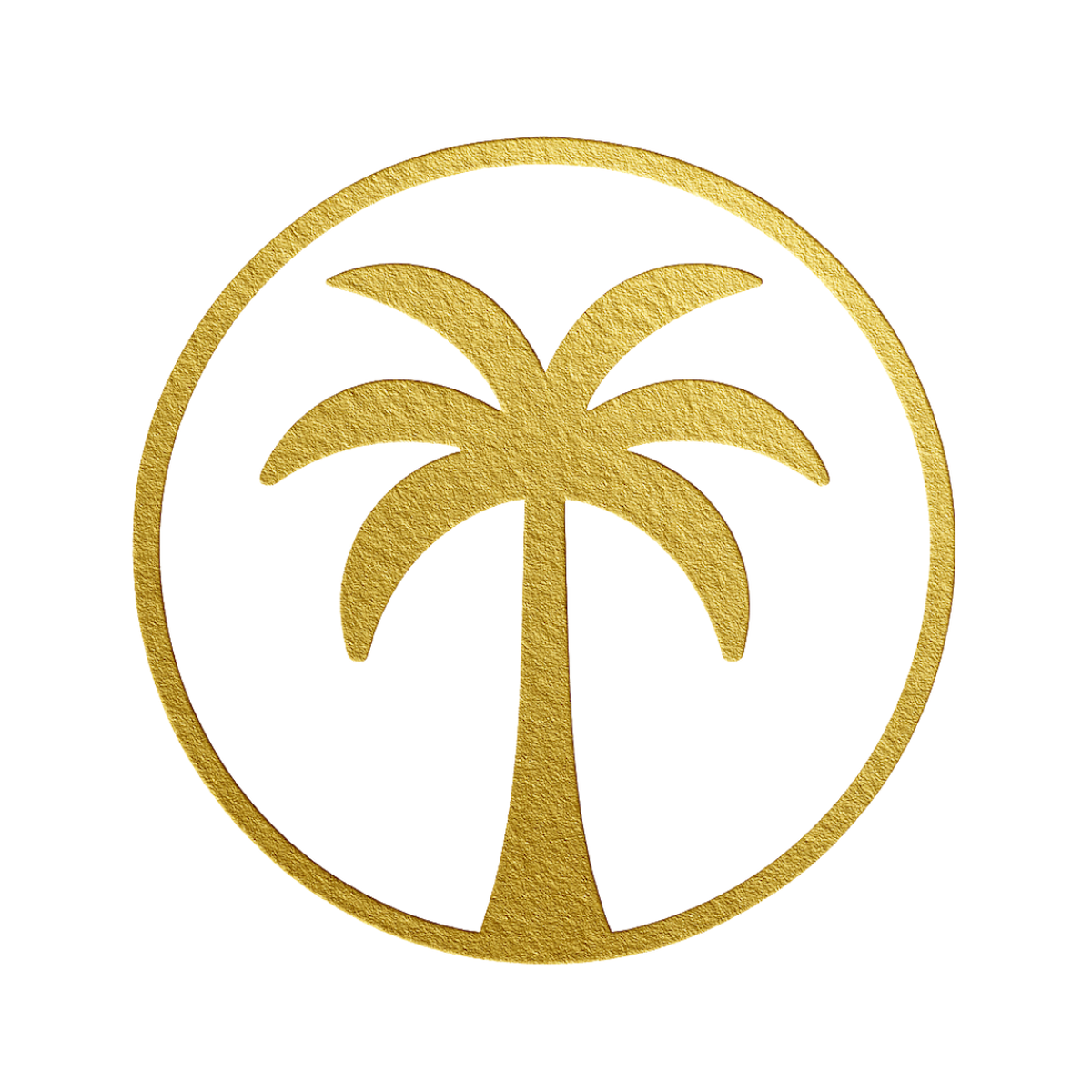 Gold outline of a heart with a palm tree inside it, set against a black background.