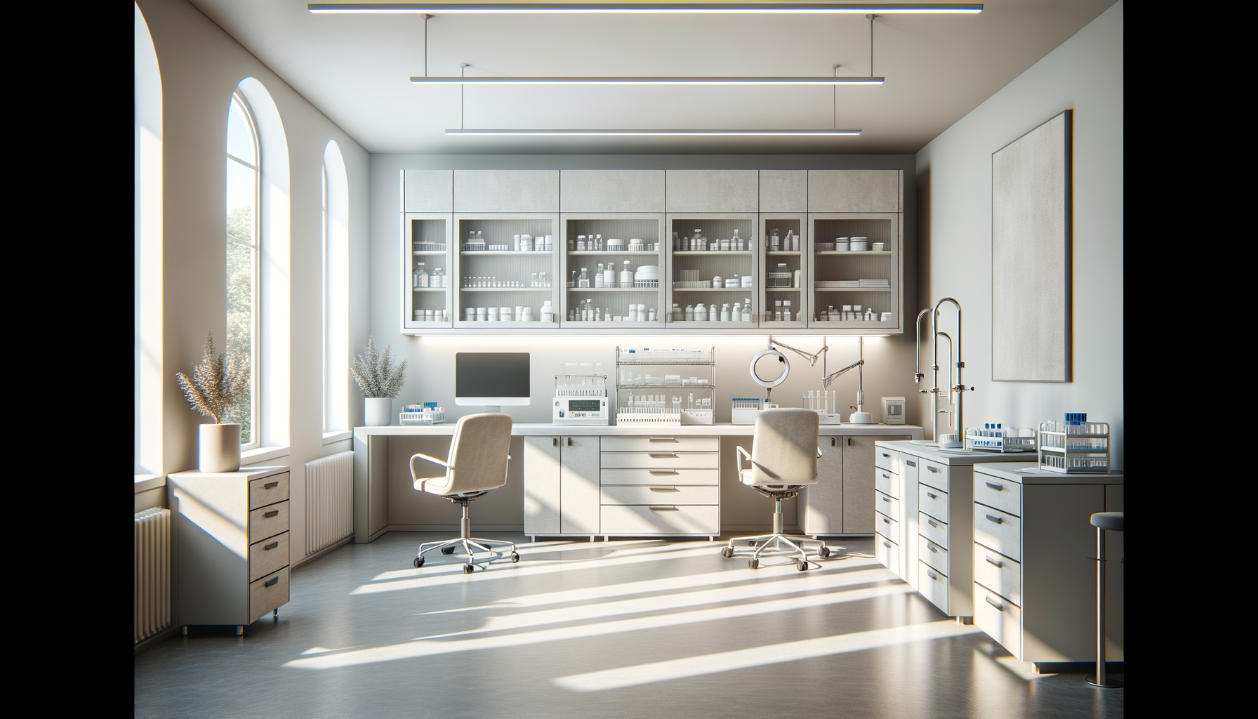 Bright modern medical back office with white cabinetry, computer, test tube racks, and medical equipment, illuminated by natural light through large windows.