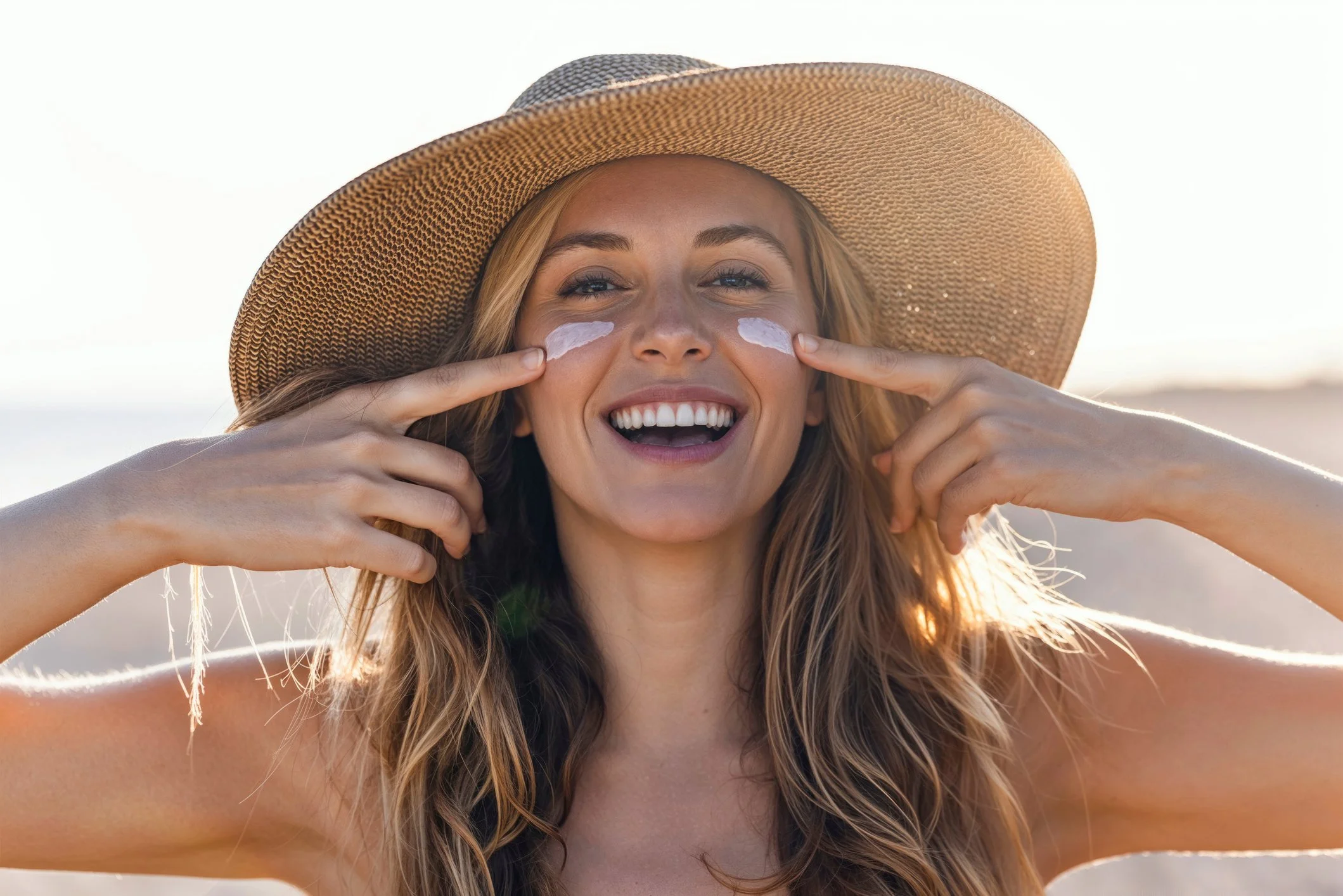 A young woman smiling on the beach, wearing a large straw hat and applying sunscreen on her cheeks.