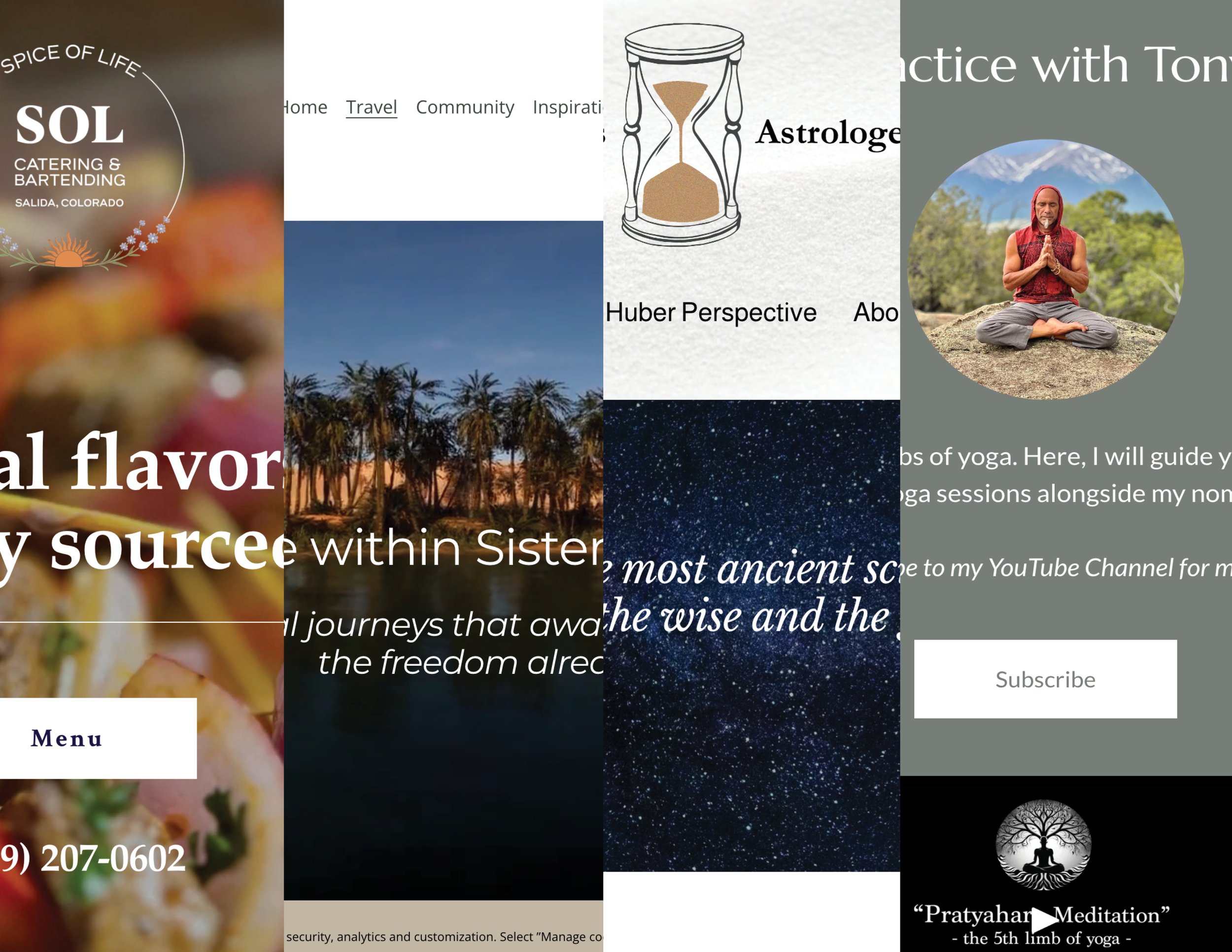 A collage of four sections featuring various themes: the first section promotes SOL Catering & Bartending in Salida, Colorado with a colorful background; the second showcases a scenic view of palm trees against a blue sky; the third appears to be a webpage about astrology and the wise and the ancient sciences; the fourth features a man practicing yoga outdoors, with a meditation logo and a dedication to Pratyahara Meditation.