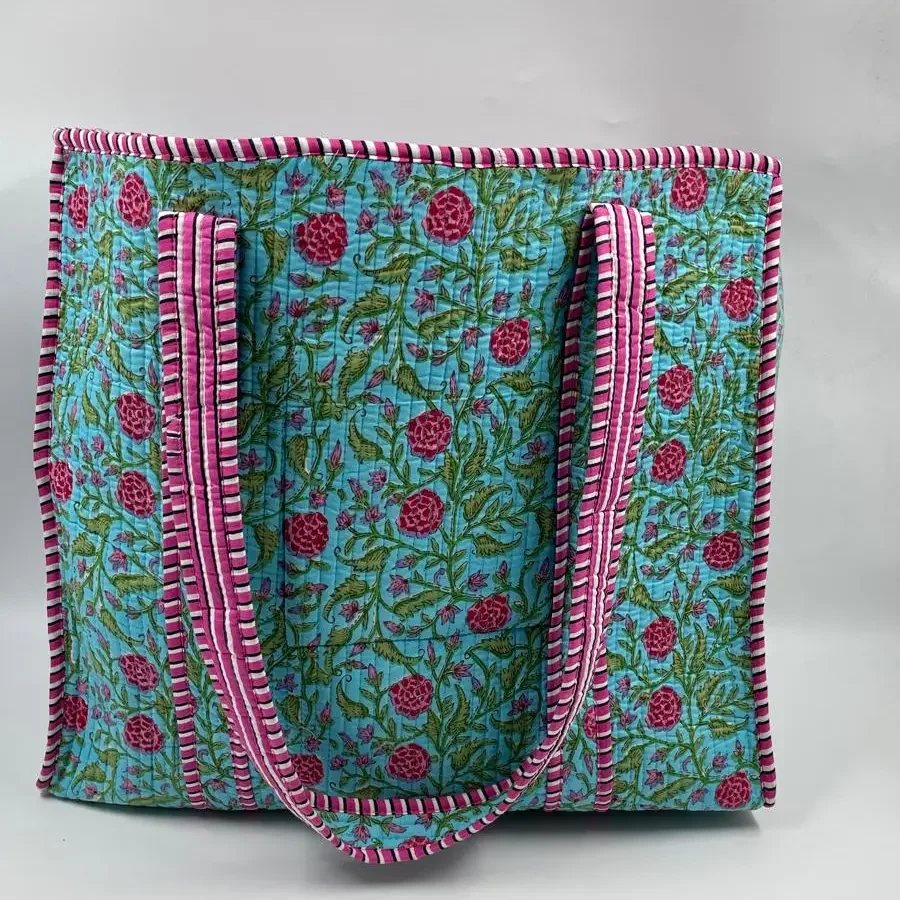 100% Cotton Quilted Boho Floral Reversible Tote Bag