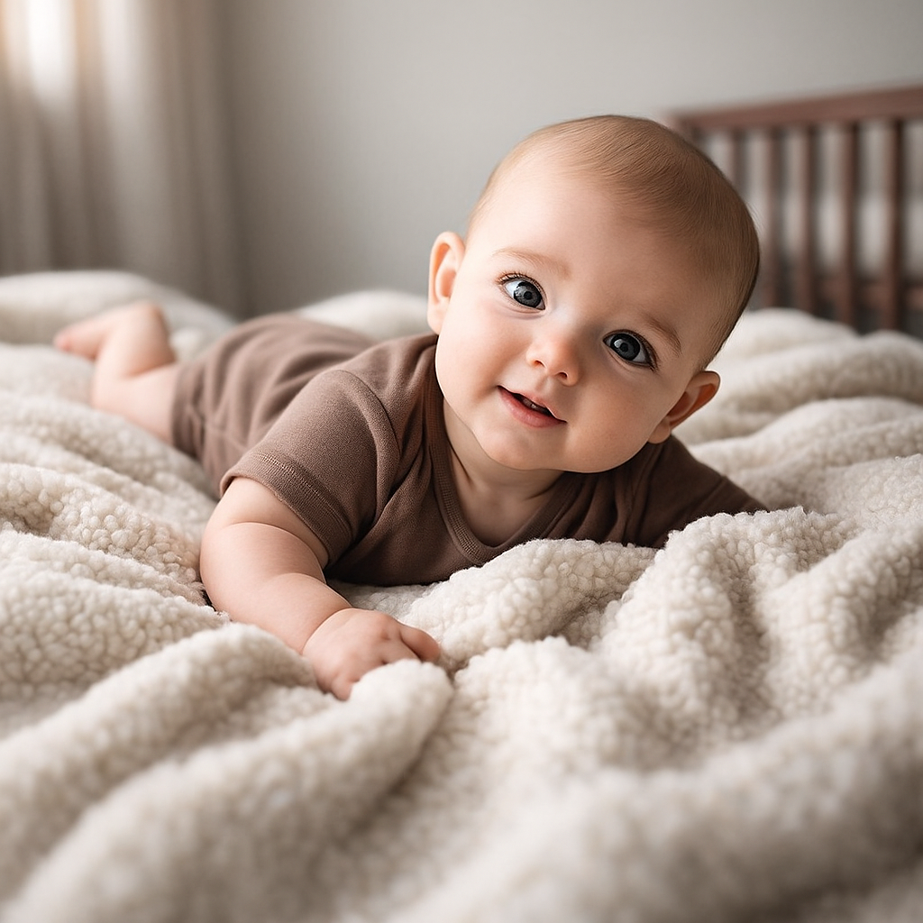 Close-up of a baby lying on a cream-colored blanket, looking at the camera with a smile in a cozy bedroom.
