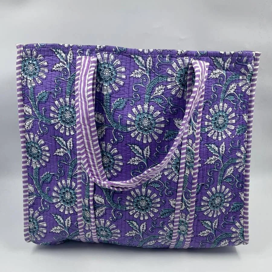 100% Cotton Quilted Boho Floral Reversible Tote Bag