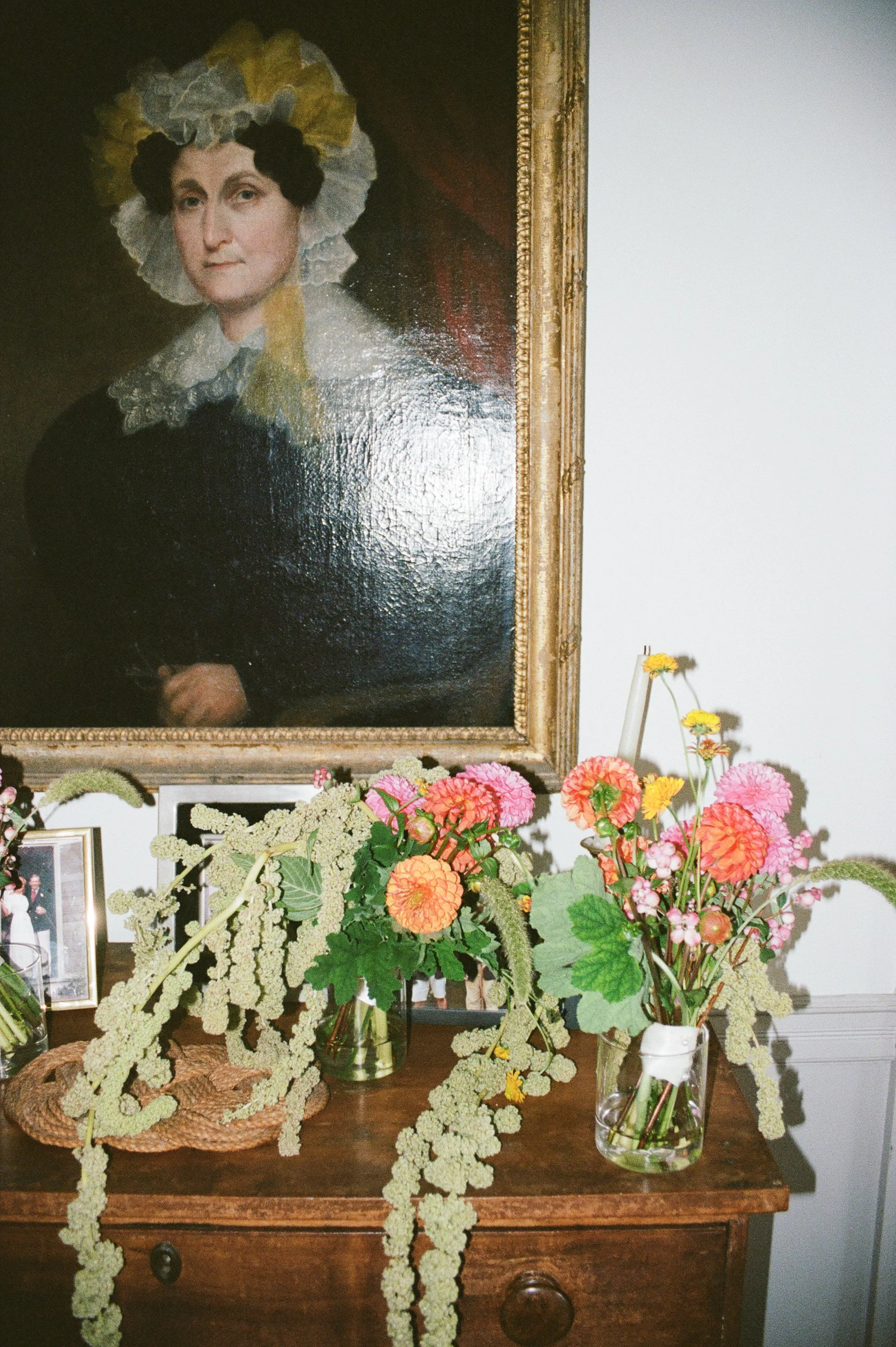 A romantic wedding floral still life featuring thoughtfully arranged blooms, delicate textures, and timeless botanical details. Fine-art wedding photography captured on film, highlighting the natural beauty, artistry, and thoughtful design of the wed