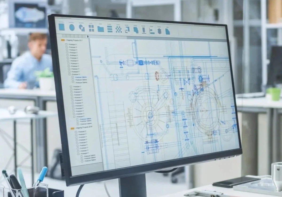 Computer monitor displaying technical engineering drawings and schematics in a modern office or design studio.