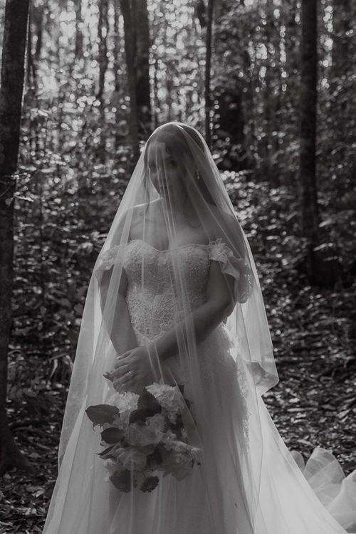 Black and white portrait of a bride covered by her veil. Light is shining through the veil.