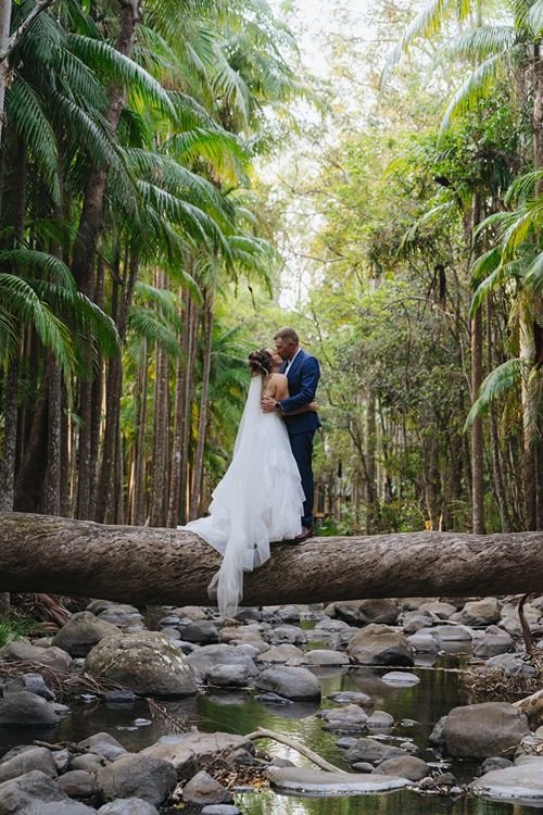 Bride and groom standing on fallen tree over creek at Tamborine Mountain Glades