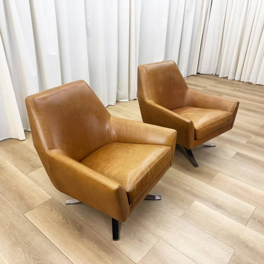 West Elm Lucas MCM Leather Swivel Chairs Pair