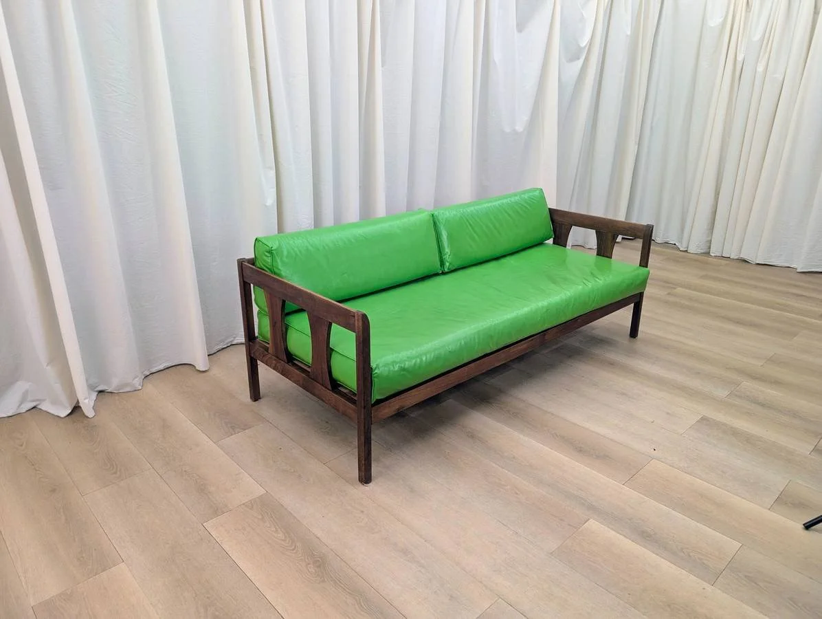 Vintage MCM Naugahyde and Walnut Wood Sofa Lime Green