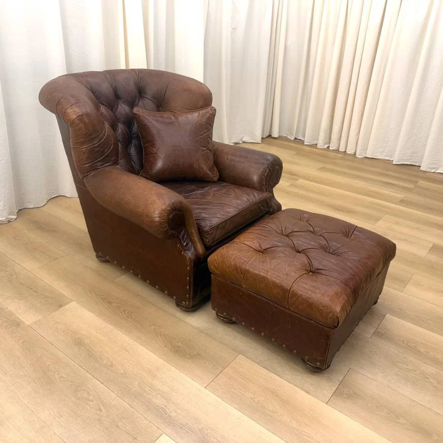 Hancock and Moore Tufted Leather Churchill Chair and Ottoman