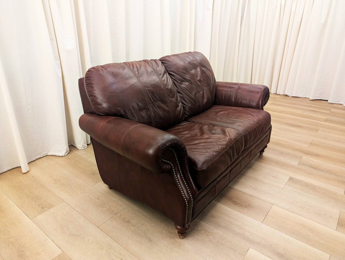 Ethan Allen Bennett Leather Loveseat English Chestnut
