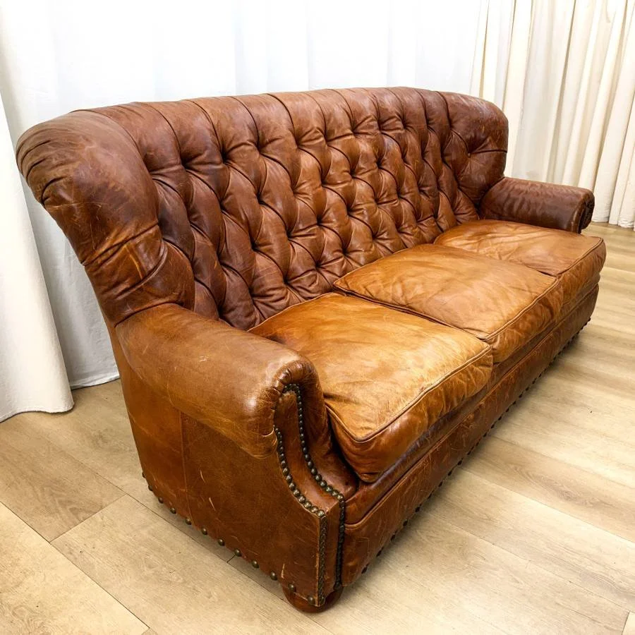 Vintage Drexel Heritage Churchill Style Tufted Leather Sofa Couch