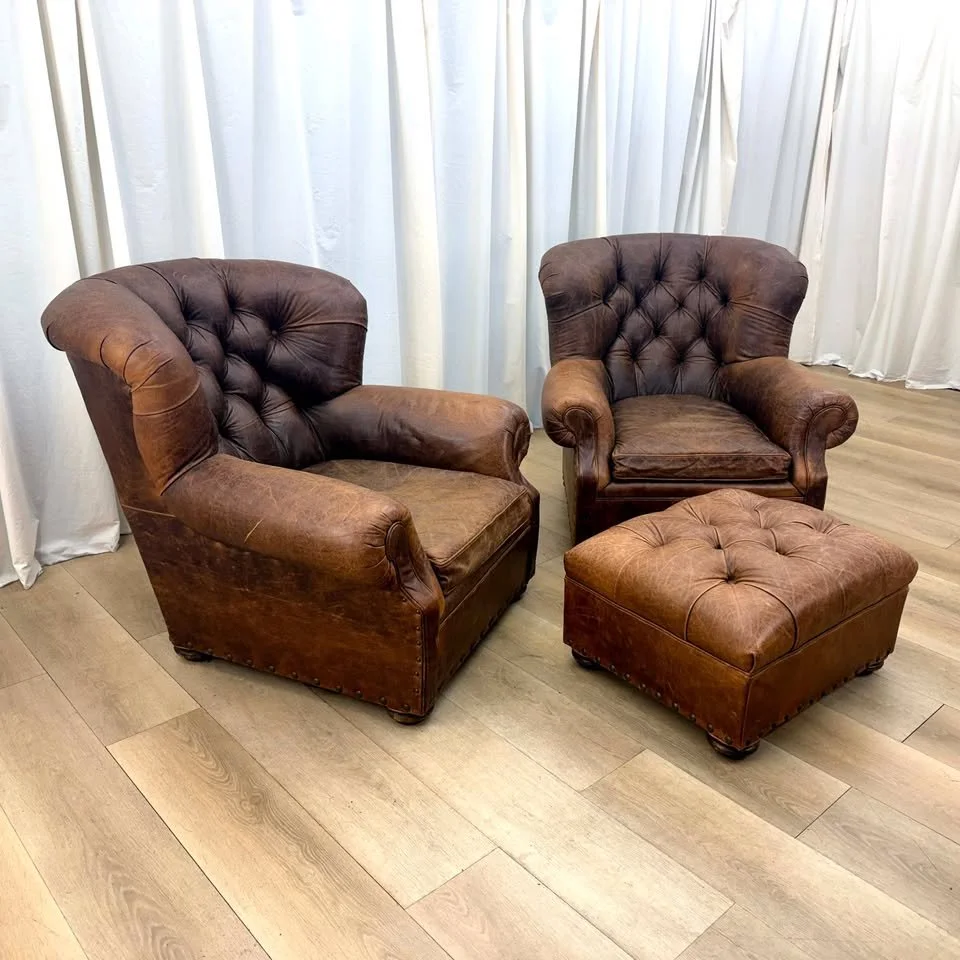 Pair of RH Restoration Hardware Churchill Chairs With Ottoman